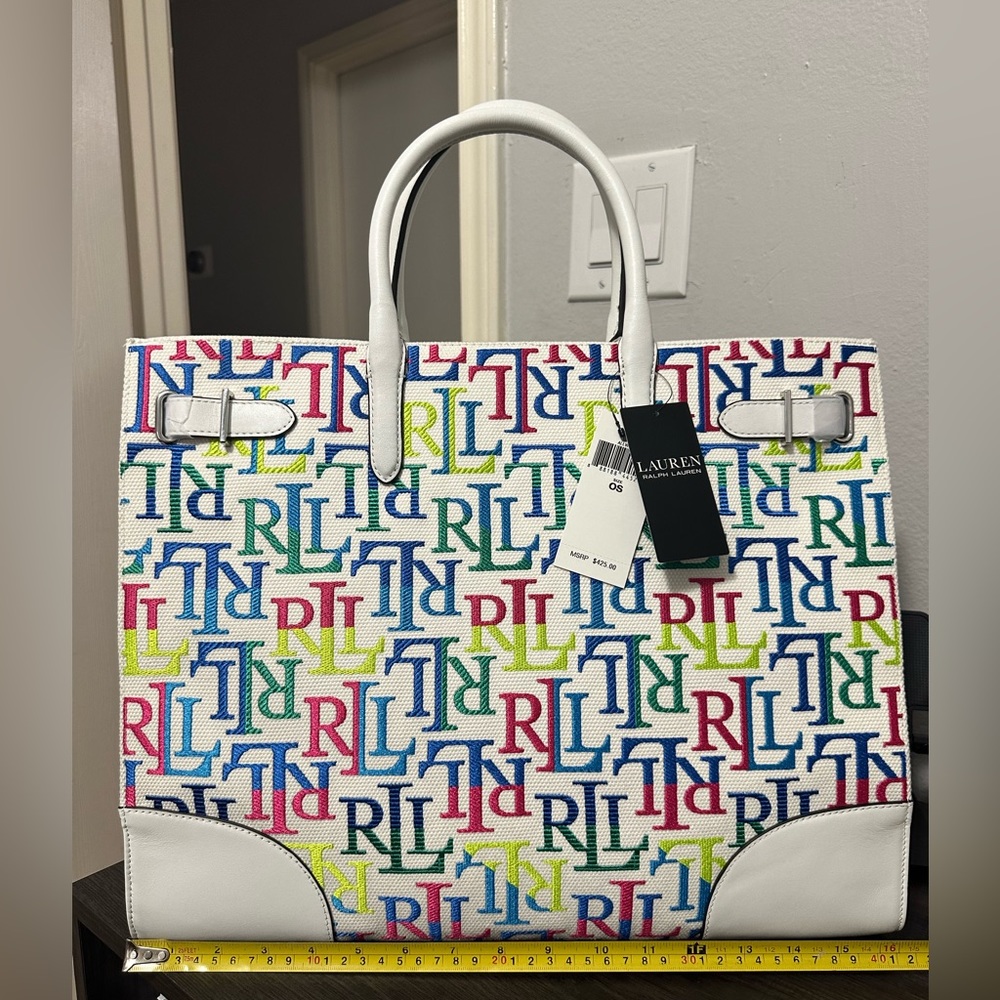 LAUREN RALPH LAUREN EMBROIDERED CANVAS LARGE DEVYN TOTE